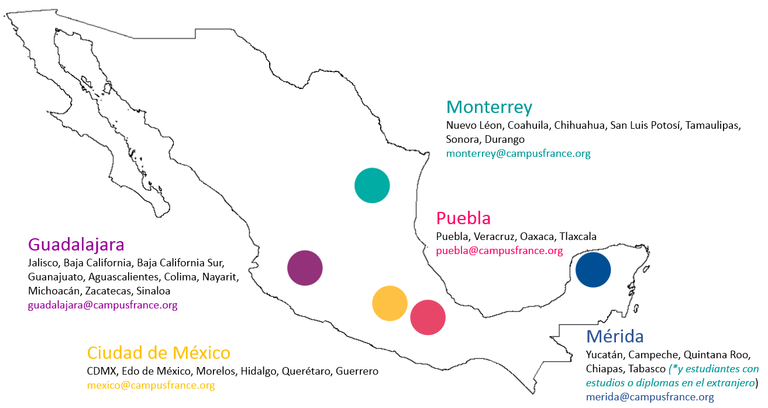 Mapa de los 5 espacios Campus France en México